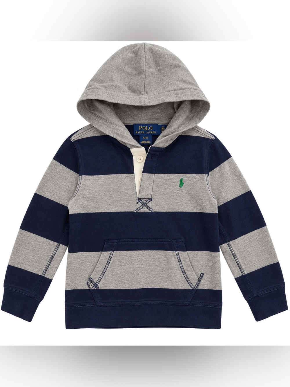 Polo Ralph Lauren Boys 4T Striped Hoodie Navy Gray Green Pony Cotton